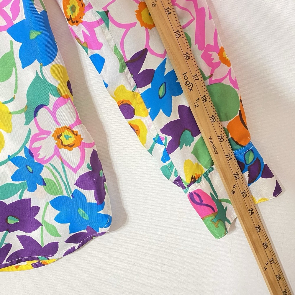 J Crew Collection Silk Blouse Shirt 10 Multicolor Floral Button Up Glam Cottage - Picture 6 of 10